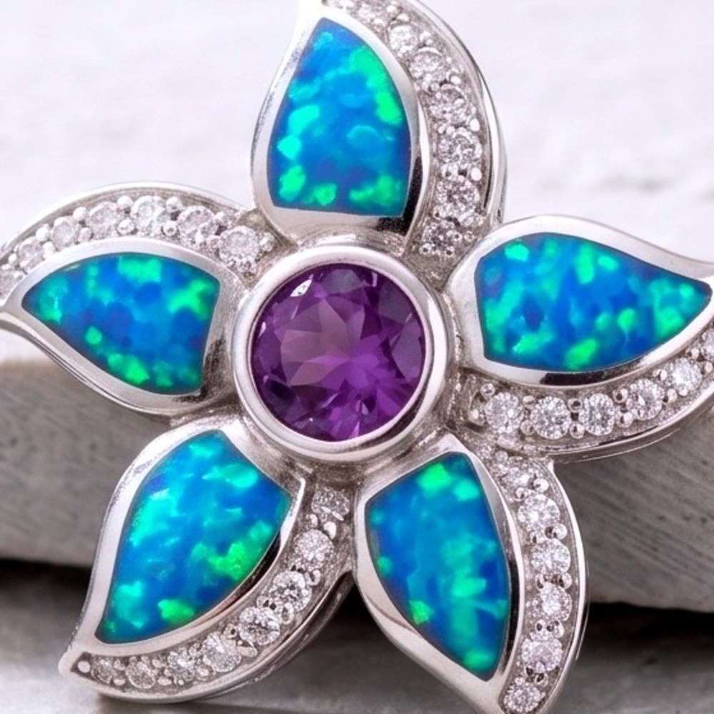 Vintage Sterling Silver HL KL Blue Fire‎ Opal Genuine Diamond Pendant Amethyst